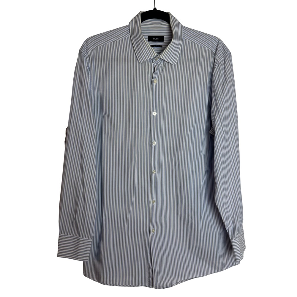 Hugo Boss Marley US Sharp Fit Size 16.5 R Blue‎ White Striped Cotton Dress Shirt